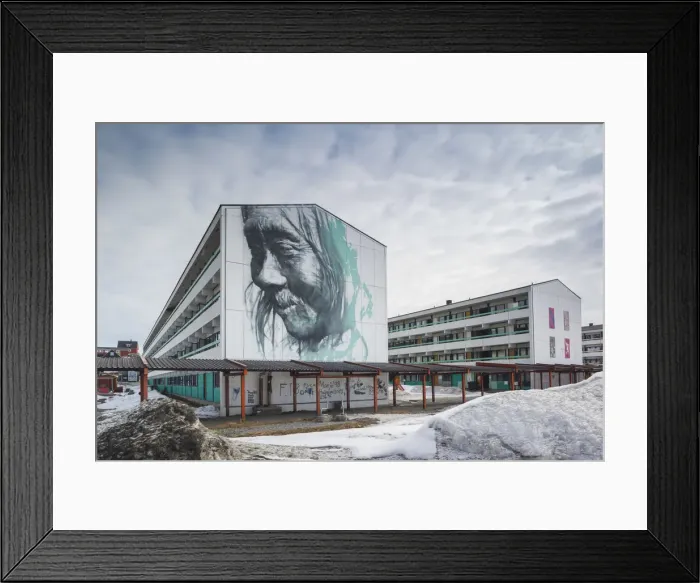 Framed Print : Greenland, Nuuk, city housing projects with Inuit art mural Framed Print : Greenland, Nuuk, city housing projects with Inuit art mural