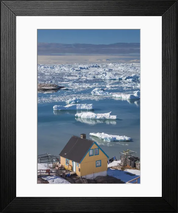 Framed Print : Greenland, Disko Bay, Ilulissat, elevated town view with floating ice Framed Print : Greenland, Disko Bay, Ilulissat, elevated town view with floating ice
