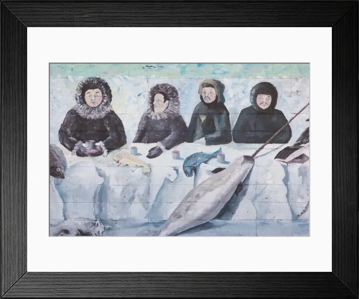 Framed Print : Greenland, Narsarsuaq, wall mural of Inuit fishermen Framed Print : Greenland, Narsarsuaq, wall mural of Inuit fishermen