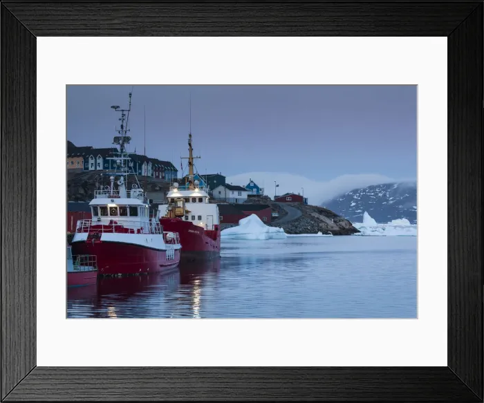 Framed Print : Greenland, Qaqortoq, town harbor, dusk