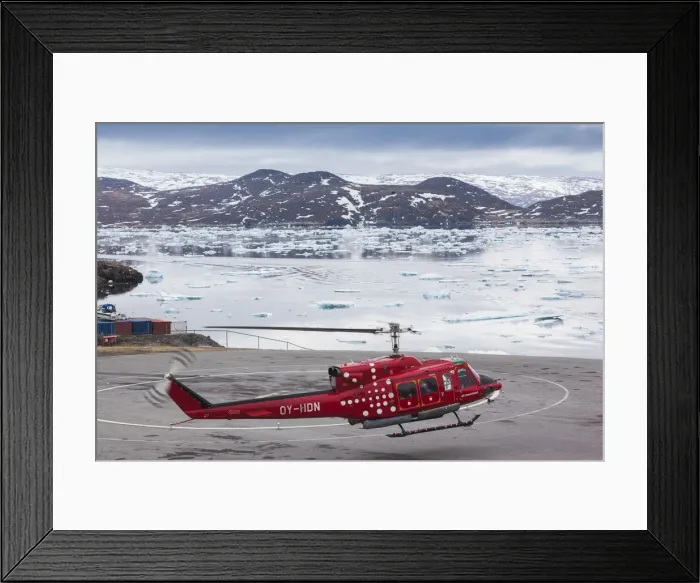 Framed Print : Greenland, Qaqortoq, airline helicopter and floating ice Framed Print : Greenland, Qaqortoq, airline helicopter and floating ice