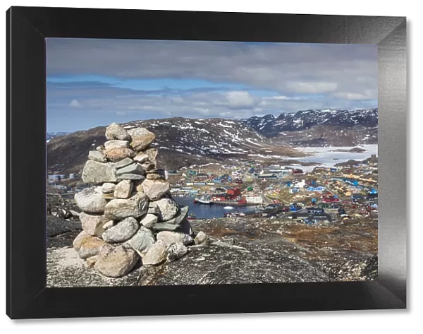 Greenland, Qaqortoq, mountain landscape with rock cairns