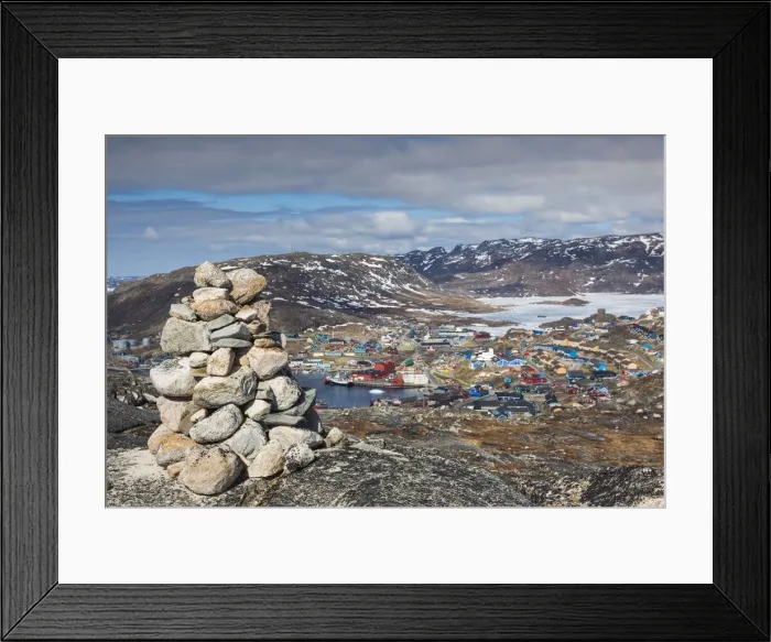 Framed Print : Greenland, Qaqortoq, mountain landscape with rock cairns