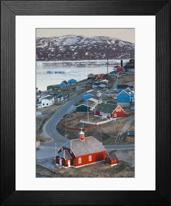 Framed Print : Greenland, Qaqortoq, Frelserens Kirke church, elevated view Framed Print : Greenland, Qaqortoq, Frelserens Kirke church, elevated view