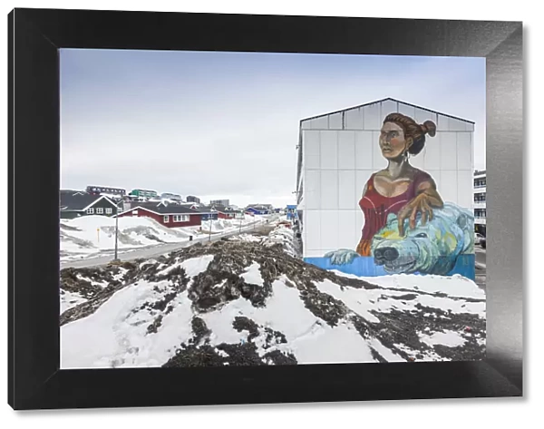 Greenland, Nuuk, city housing projects with Inuit art mural