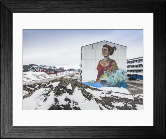 Framed Print : Greenland, Nuuk, city housing projects with Inuit art mural