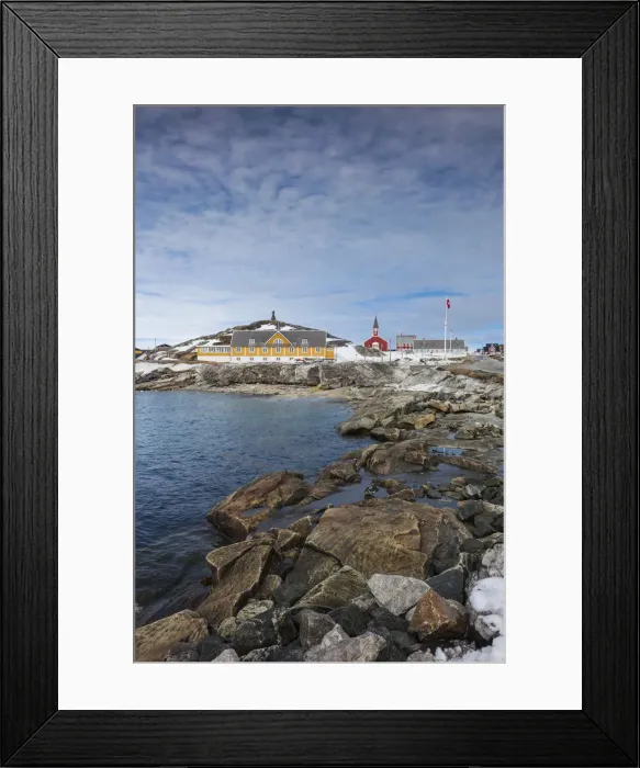 Framed Print : Greenland, Nuuk, Kolonihavn area, with Frelsers Kirche Church