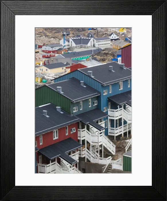 Framed Print : Greenland, Qaqortoq, elevated view of apartment houses Framed Print : Greenland, Qaqortoq, elevated view of apartment houses