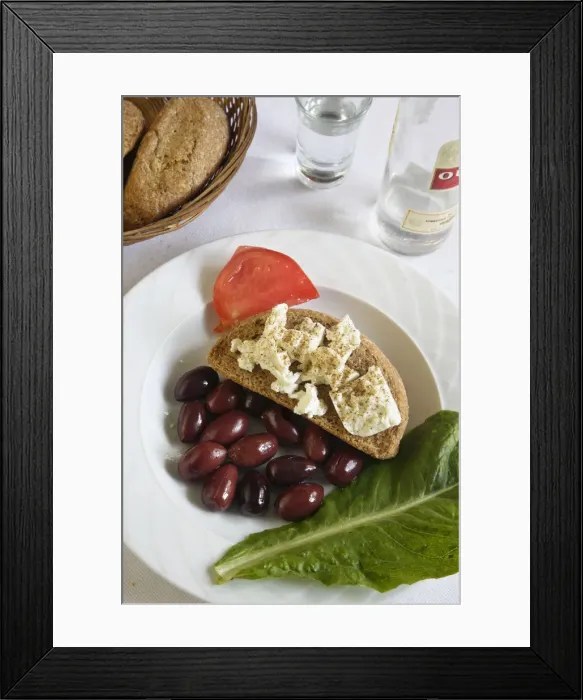 Framed Print : Greek Cuisine. Traditional Meze (Starter) Cretan Dakos with a glass of Ouzo Framed Print : Greek Cuisine. Traditional Meze (Starter) Cretan Dakos with a glass of Ouzo