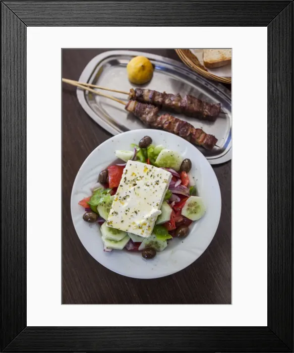 Framed Print : Greece, Peloponese Region, Corinth, Greek Salad and Souvlaki
