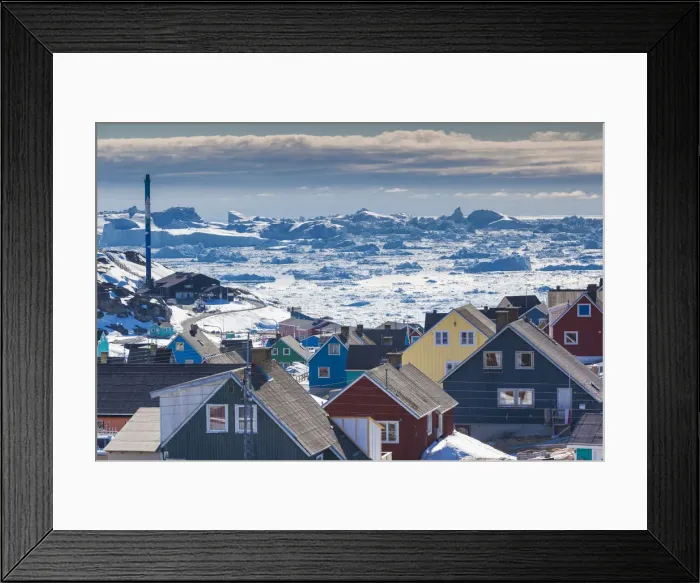 Framed Print : Greenland, Disko Bay, Ilulissat, elevated town view with floating ice Framed Print : Greenland, Disko Bay, Ilulissat, elevated town view with floating ice