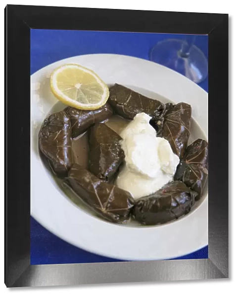 Greek Cuisine. Fresh Dolmades, Vine Leaves with Yogurt and glass of Red Wine