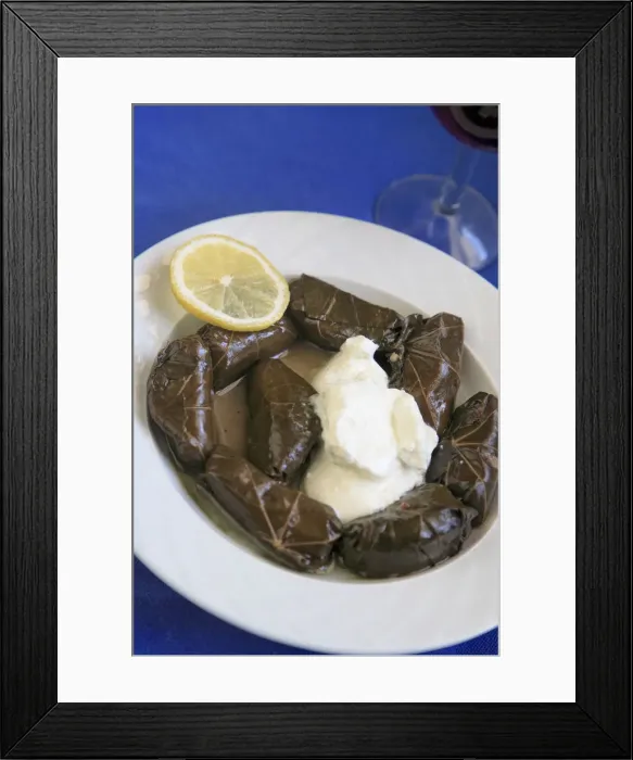 Framed Print : Greek Cuisine. Fresh Dolmades, Vine Leaves with Yogurt and glass of Red Wine