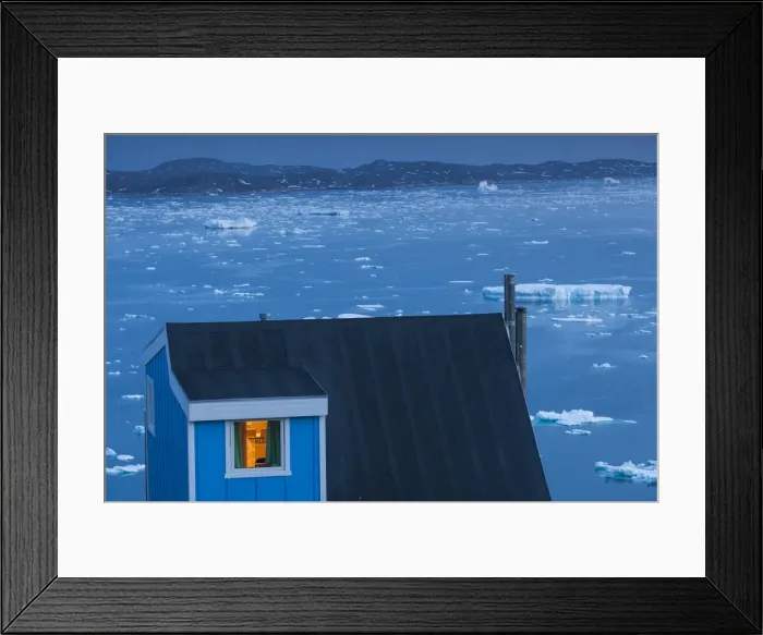 Framed Print : Greenland, Qaqortoq, elevated town view with floating ice, dusk