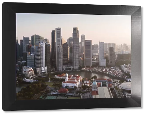 Elevated view of business district at sunset, Singapore