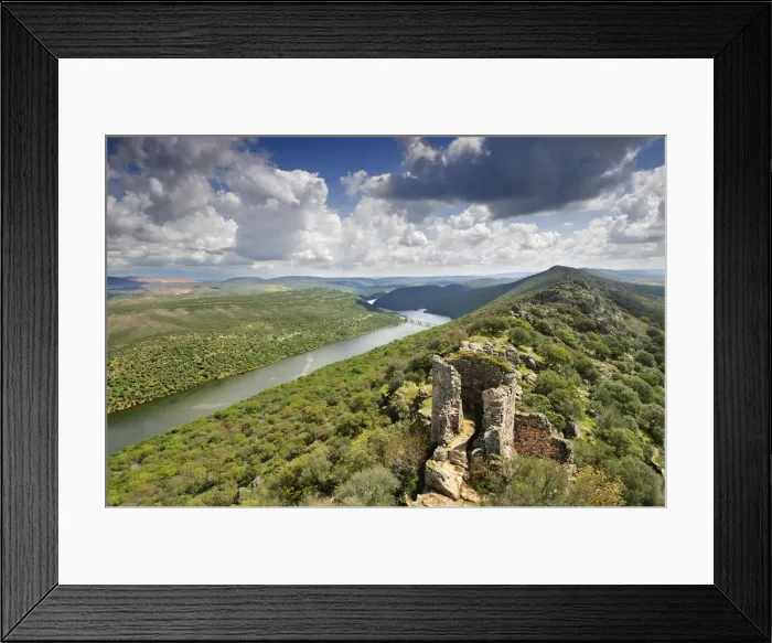Framed Print : Monfrague National Parks panorama with a ruined castle over the Tagus river. Spain