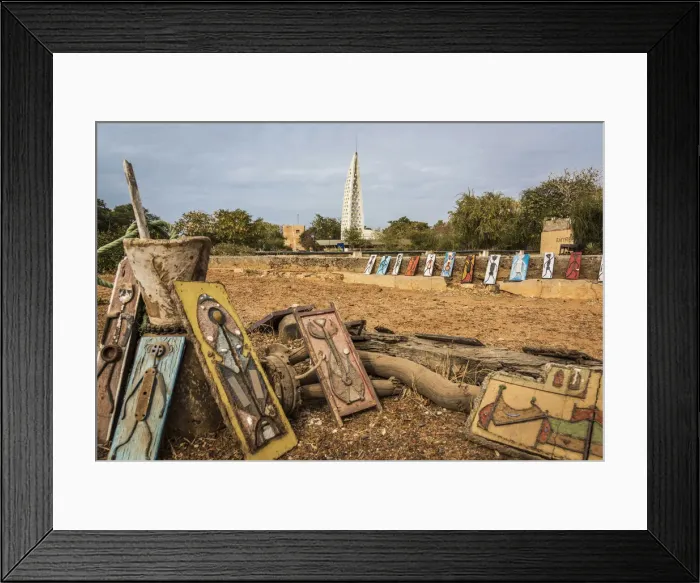 Framed Print : Africa, Senegal, Dakar. Art for sale on the island Goree, in the background the memorial Framed Print : Africa, Senegal, Dakar. Art for sale on the island Goree, in the background the memorial