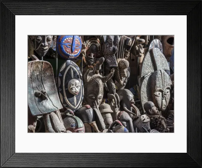 Framed Print : Africa, Senegal, Dakar. Artisanal wooden masks outside the food market Framed Print : Africa, Senegal, Dakar. Artisanal wooden masks outside the food market