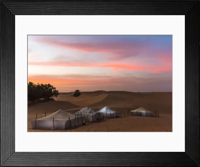 Framed Print : Africa, Senegal, Lompoul. The desert camp Ecolodge Lompoul at sunset