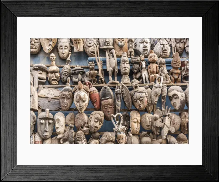 Framed Print : Africa, Senegal, Dakar. Artisanal wooden masks outside the food market Framed Print : Africa, Senegal, Dakar. Artisanal wooden masks outside the food market