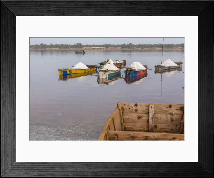Framed Print : Africa, Senegal, Pink Lake. Salt collecting boats on shore of the lake Framed Print : Africa, Senegal, Pink Lake. Salt collecting boats on shore of the lake
