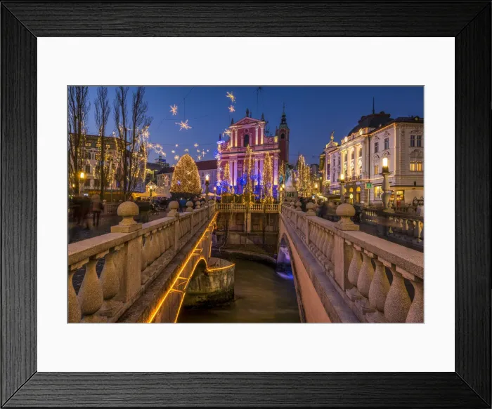Framed Print : Franciscan Church of the Annunciation and Triple Bridge or Tromostovje adorned with Framed Print : Franciscan Church of the Annunciation and Triple Bridge or Tromostovje adorned with