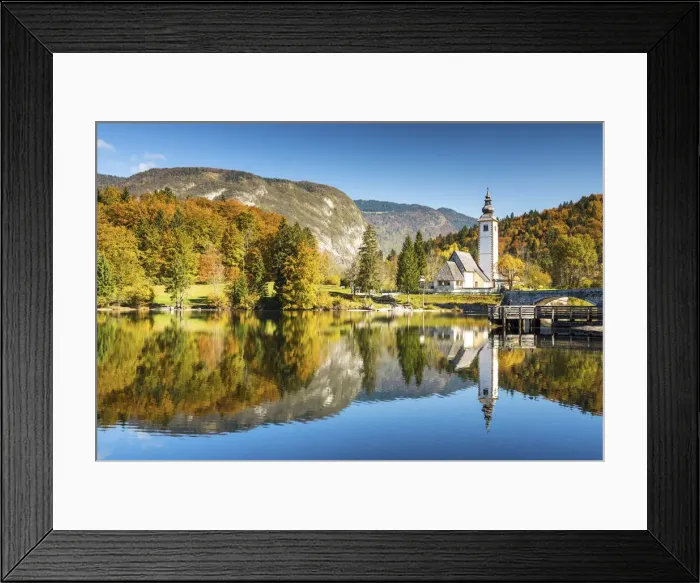 Framed Print : Church of St. John the Baptist reflecting in Lake Bohinj, Slovenia, Europe Framed Print : Church of St. John the Baptist reflecting in Lake Bohinj, Slovenia, Europe
