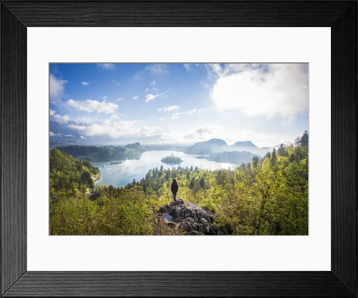 Framed Print : Bled Lake, Slovenia. Sunrise over the misty island from a high viewpoint with hiker Framed Print : Bled Lake, Slovenia. Sunrise over the misty island from a high viewpoint with hiker
