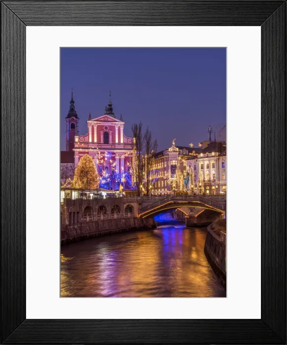 Framed Print : Franciscan Church of the Annunciation and Triple Bridge or Tromostovje adorned with Framed Print : Franciscan Church of the Annunciation and Triple Bridge or Tromostovje adorned with