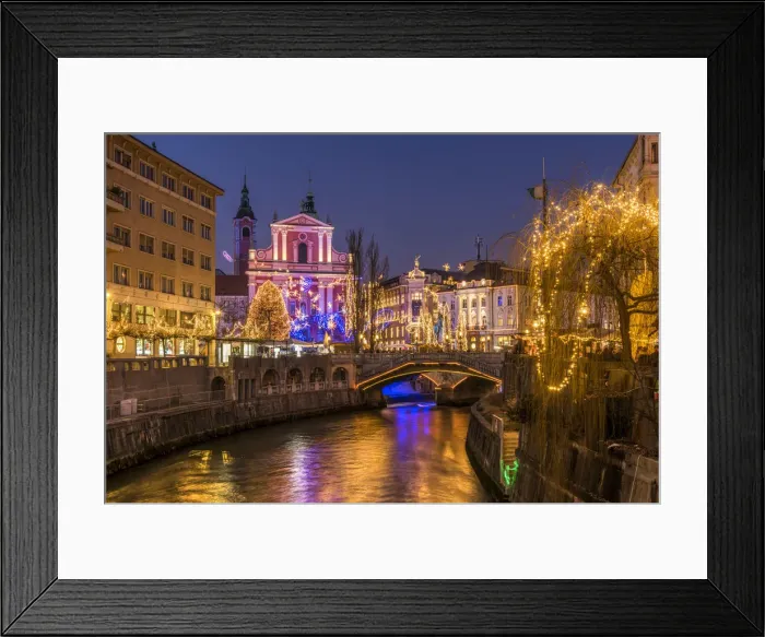Framed Print : Franciscan Church of the Annunciation and Triple Bridge or Tromostovje adorned with Framed Print : Franciscan Church of the Annunciation and Triple Bridge or Tromostovje adorned with