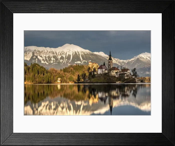 Framed Print : Afternoon sunlight over Church of the Assumption of Mary, Lake Bled, Upper Carniola