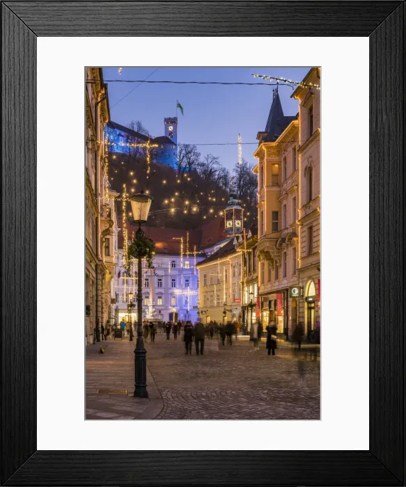 Framed Print : Sritar street with Ljubljana Castle in the background adorned with Christmas lights Framed Print : Sritar street with Ljubljana Castle in the background adorned with Christmas lights