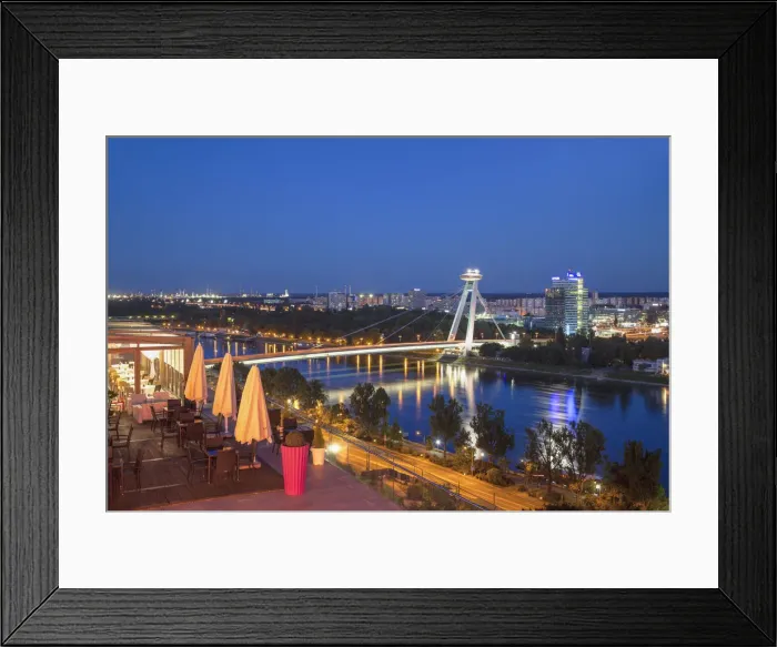 Framed Print : View of New Bridge from Parliament Restaurant at dusk, Bratislava, Slovakia Framed Print : View of New Bridge from Parliament Restaurant at dusk, Bratislava, Slovakia