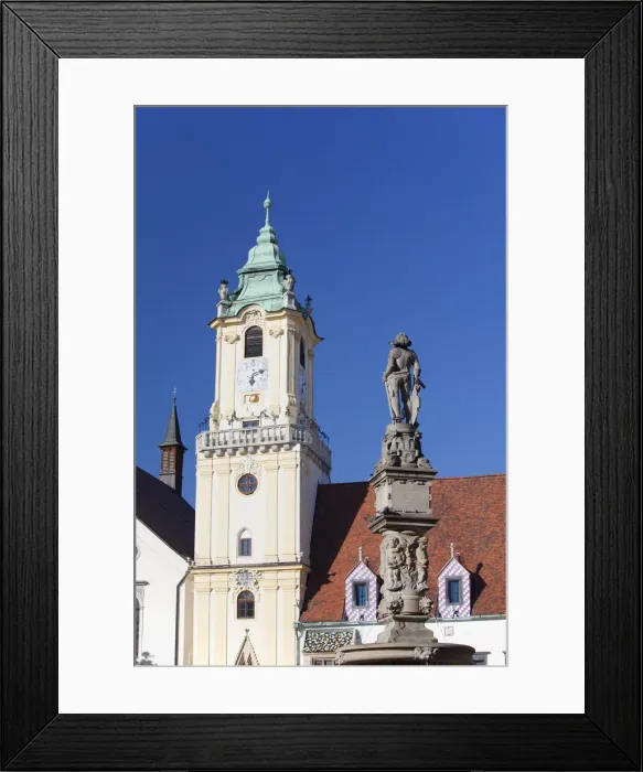 Framed Print : Old Town Hall and Rolands Fountain statue in Hlavne Nam (Main Square), Bratislava