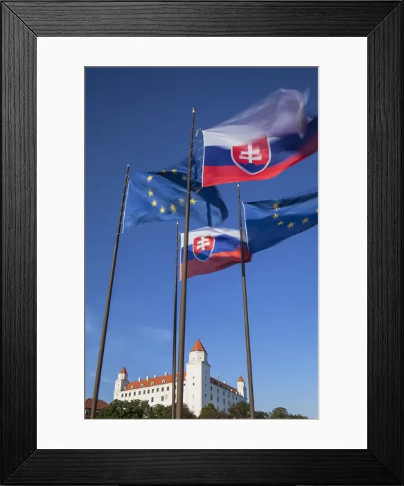 Framed Print : Slovakian and European Union flags of Parliament with Bratislava Castle, Bratislava Framed Print : Slovakian and European Union flags of Parliament with Bratislava Castle, Bratislava