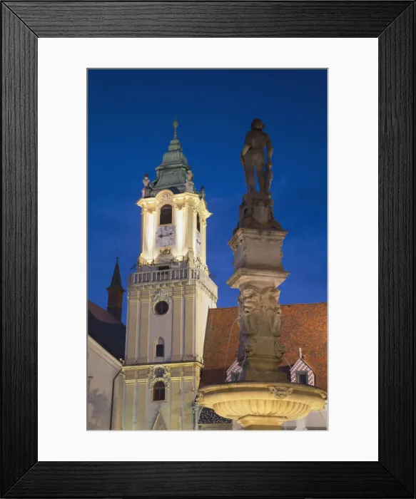 Framed Print : Old Town Hall and Rolands Fountain in Hlavne Nam (Main Square) at dusk Framed Print : Old Town Hall and Rolands Fountain in Hlavne Nam (Main Square) at dusk