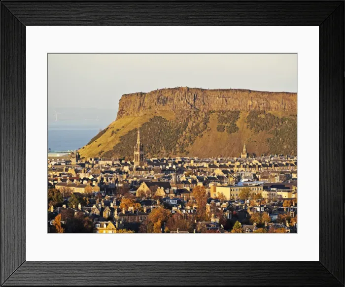 Framed Print : UK, Scotland, Lothian, Edinburgh, City Skyline with the Salisbury Crags viewed Framed Print : UK, Scotland, Lothian, Edinburgh, City Skyline with the Salisbury Crags viewed