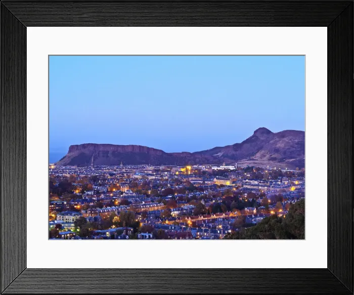 Framed Print : UK, Scotland, Lothian, Edinburgh, Twilight view of the city with Salisbury Crags Framed Print : UK, Scotland, Lothian, Edinburgh, Twilight view of the city with Salisbury Crags