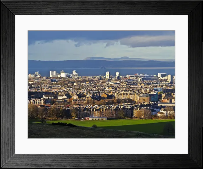 Framed Print : UK, Scotland, Lothian, Edinburgh, Holyrood Park, View towarth Leith and Firth of Forth