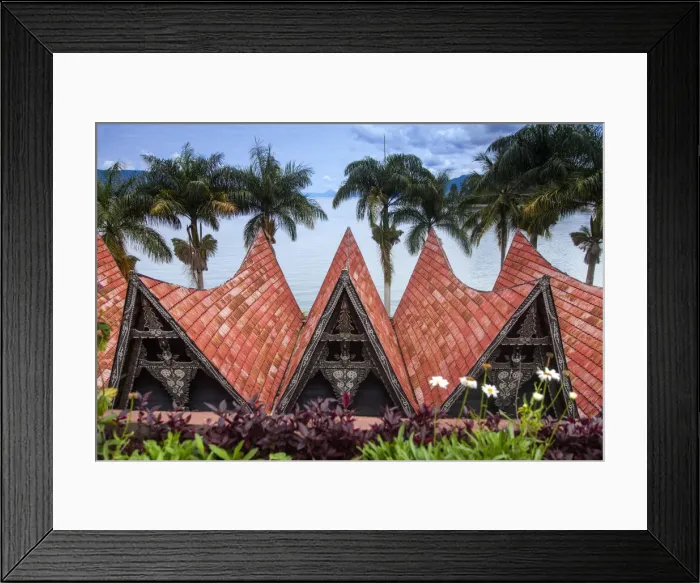 Framed Print : Indonesia, Sumatra, Samosir Island, Lake Toba, Parapat, Hotel in traditional Batak style Framed Print : Indonesia, Sumatra, Samosir Island, Lake Toba, Parapat, Hotel in traditional Batak style