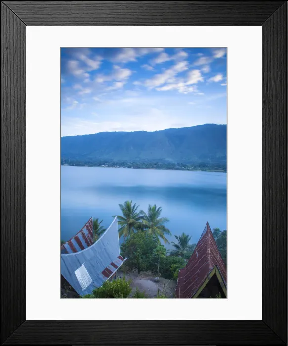 Framed Print : Indonesia, Sumatra, Samosir Island, Tuk Tuk, Typical Batak houses overlooking Lake Toba Framed Print : Indonesia, Sumatra, Samosir Island, Tuk Tuk, Typical Batak houses overlooking Lake Toba