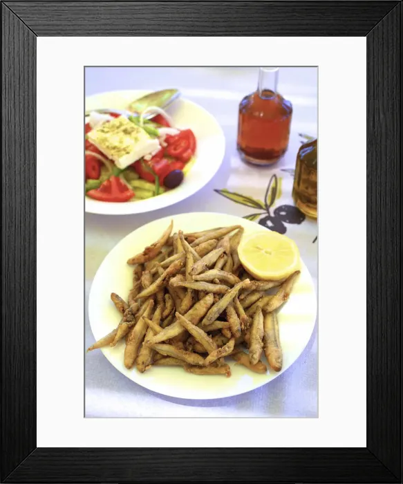 Framed Print : Whitebait and Greek Salad, Crete, Greek Islands, Greece, Europe Framed Print : Whitebait and Greek Salad, Crete, Greek Islands, Greece, Europe