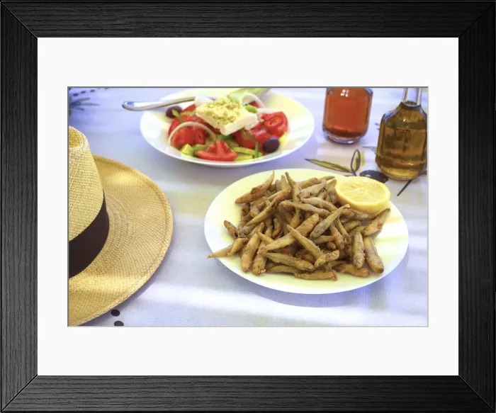 Framed Print : Whitebait and Greek Salad, Crete, Greek Islands, Greece, Europe Framed Print : Whitebait and Greek Salad, Crete, Greek Islands, Greece, Europe