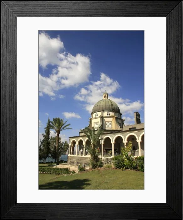 Framed Print : Israel, the Church of Beatitudes on the Mount of Beatitudes overlooking the Sea of