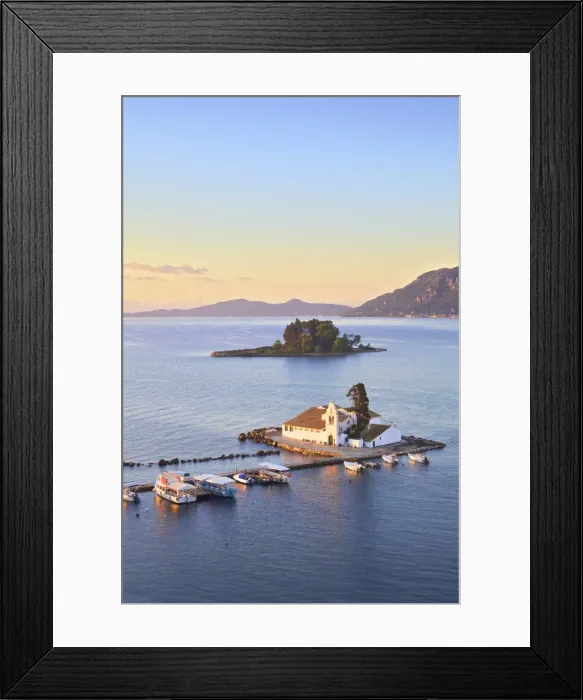 Framed Print : Elevated View to Vlacherna Monastery and the Church of Pantokrator on Mouse Island Framed Print : Elevated View to Vlacherna Monastery and the Church of Pantokrator on Mouse Island