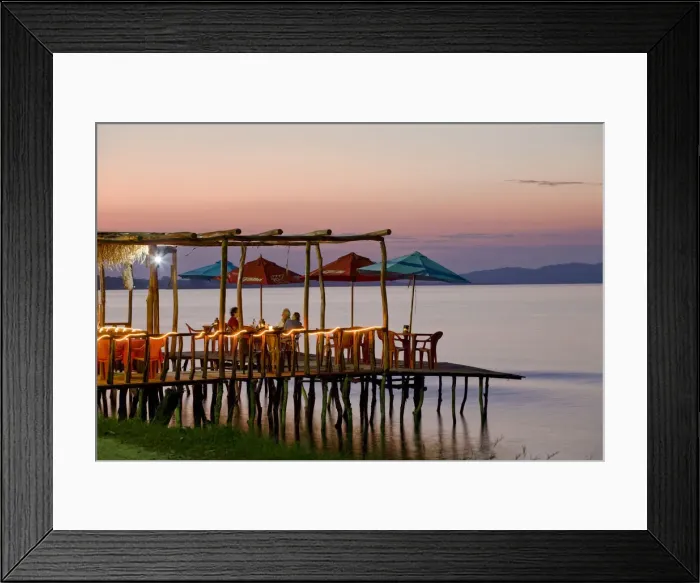 Framed Print : Guatemala, El Peten, Flores, Lago de Peten Itza, People eating at lakeside restaurant