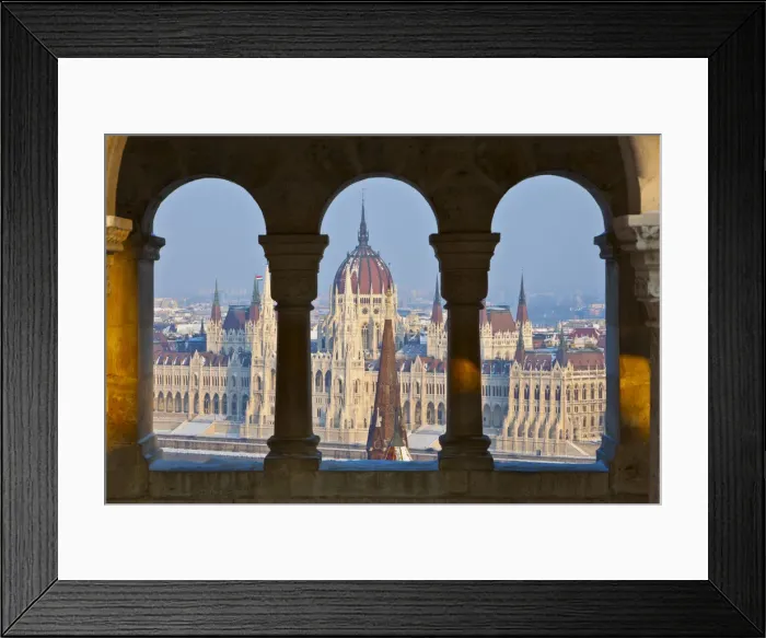 Framed Print : Overview of the Hungarian Parliament Building and the River Danube from Fisherman s