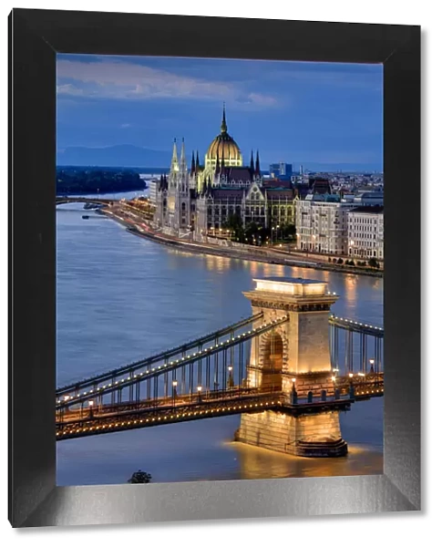Hungary, Budapest, Parliament Buildings, Chain Bridge and River Danube