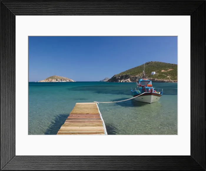 Framed Print : Greece, Dodecanese Islands, Patmos, Kampos, Shore view with small boat / Livadi Geranos Framed Print : Greece, Dodecanese Islands, Patmos, Kampos, Shore view with small boat / Livadi Geranos