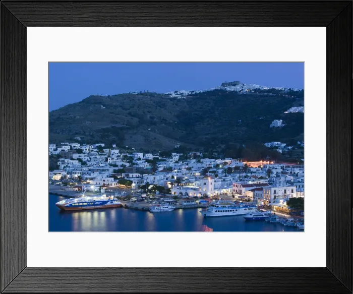 Framed Print : Greece, Dodecanese Islands, Patmos, Skala, View of Harbor & Hilltop Monastery of St Framed Print : Greece, Dodecanese Islands, Patmos, Skala, View of Harbor & Hilltop Monastery of St